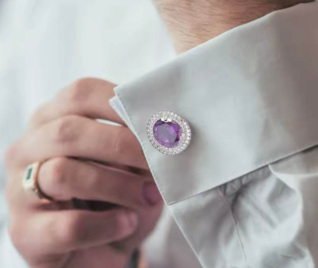 Silver purple OVAL CUFFLINKS