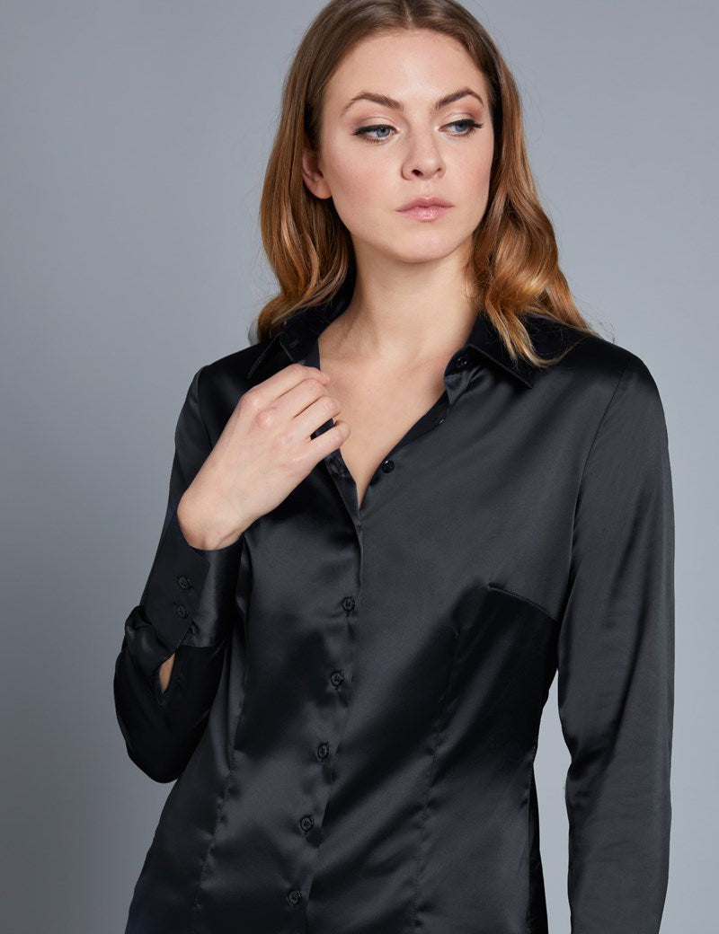 Black Fitted Satin Shirt Single Cuff Miss Cufflinks