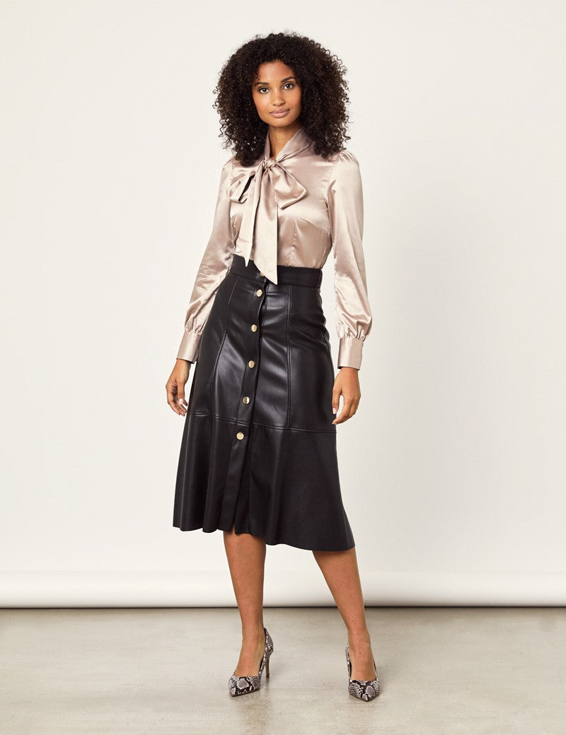 Taupe Fitted Satin Blouse - Pussy Bow – Miss Cufflinks