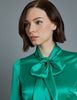 Green Fitted Satin Blouse, Pussy Bow